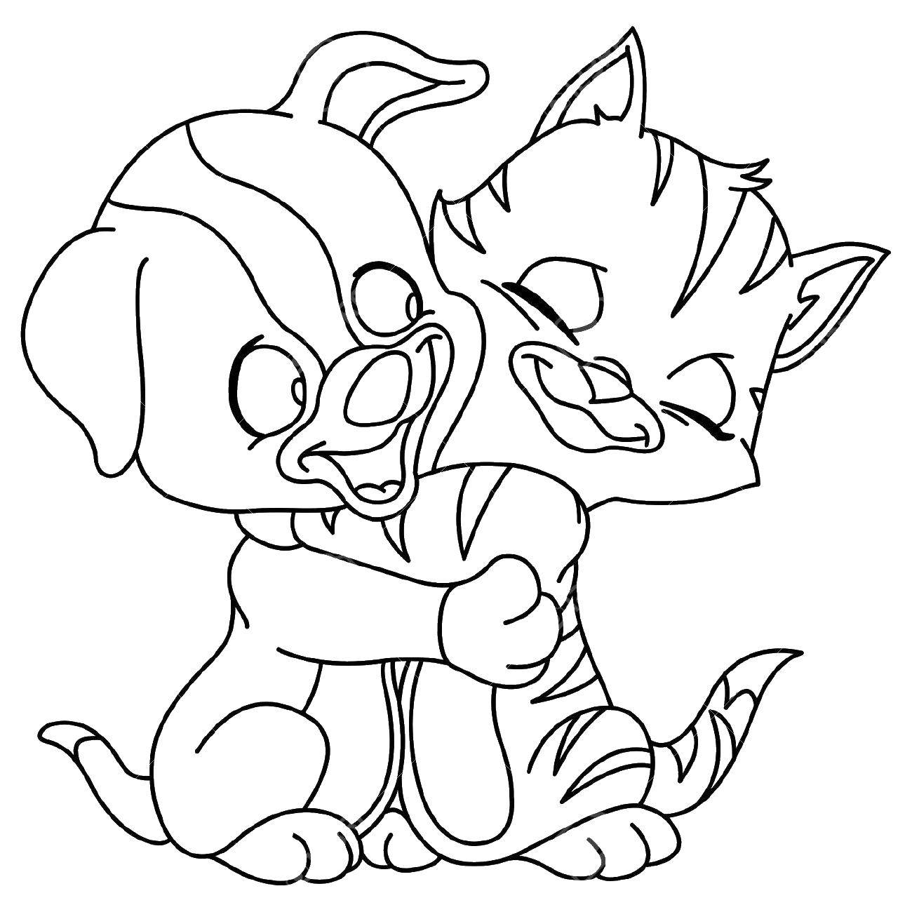 Coloring The dog and cat cuddling. Category Cats and kittens. Tags:  cat, dog. hugs.