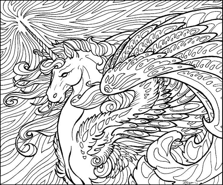 Название: Раскраска Единорог с шикарными крыльями. Категория: раскраски. Теги: пегас, единорог, крылья.