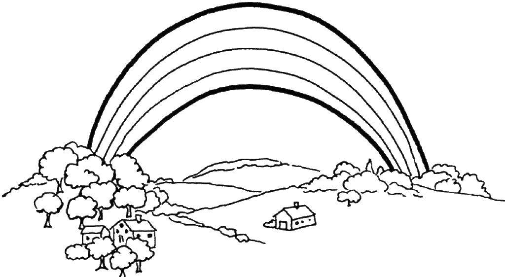 Название: Раскраска Радуга над деревней. Категория: Радуга. Теги: Радуга, облака.