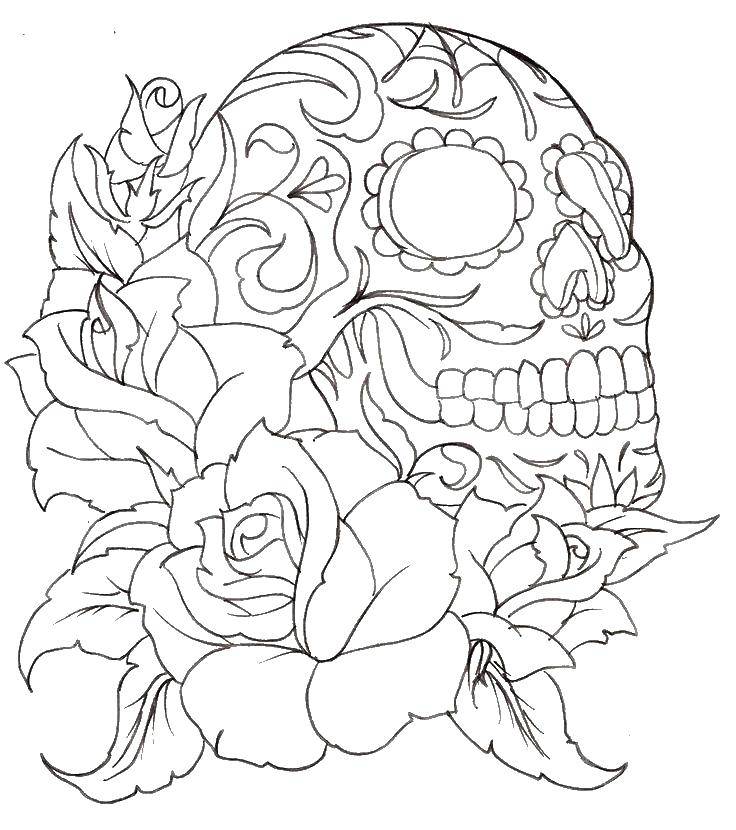 Название: Раскраска Букет роз и череп. Категория: Череп. Теги: череп, скелет, узоры, розы.