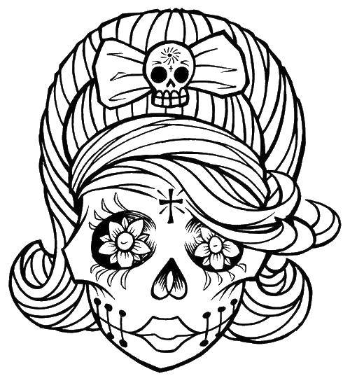 Название: Раскраска Череп девочка с бантиком. Категория: Череп. Теги: череп, скелет, узоры.