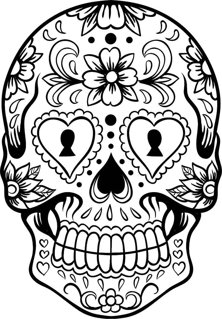 Coloring Skull with eyes in the shape of a heart. Category Skull. Tags:  skull, eyes, hearts.