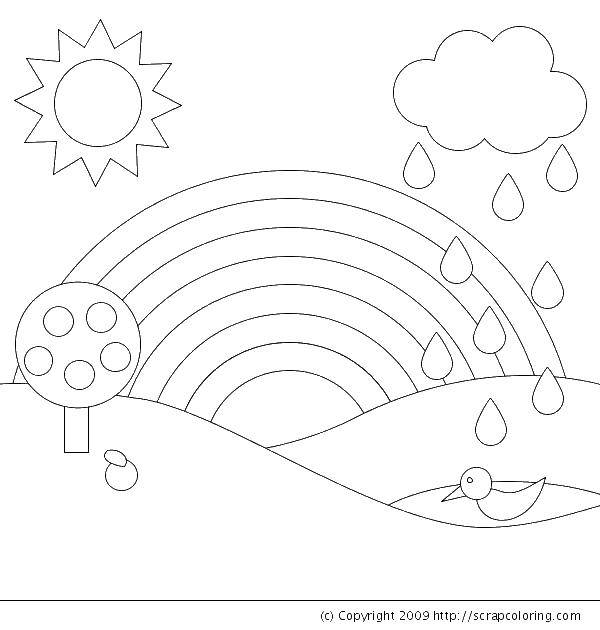 Название: Раскраска Радуга с солнцем и дождь. Категория: Радуга. Теги: радуга, дождь, солнце, дерево, уточка.