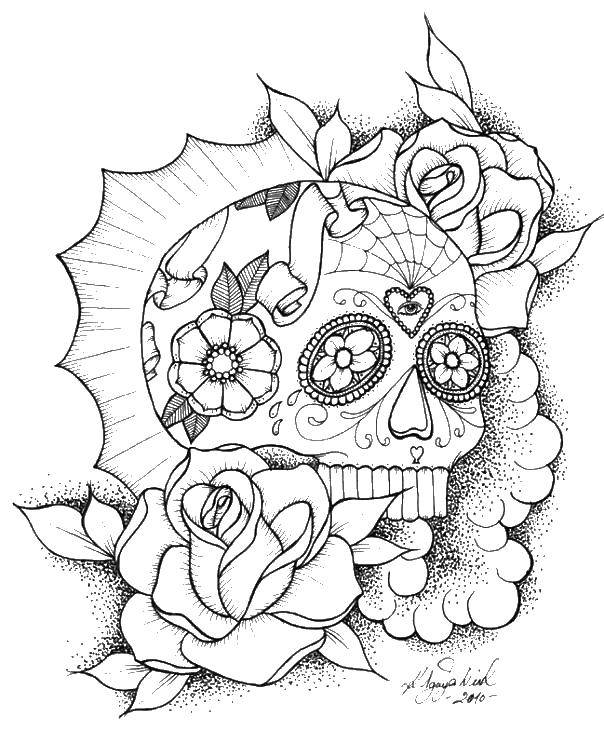 Название: Раскраска Розочка на разрисованном черепе. Категория: Череп. Теги: череп, узоры, цветы.