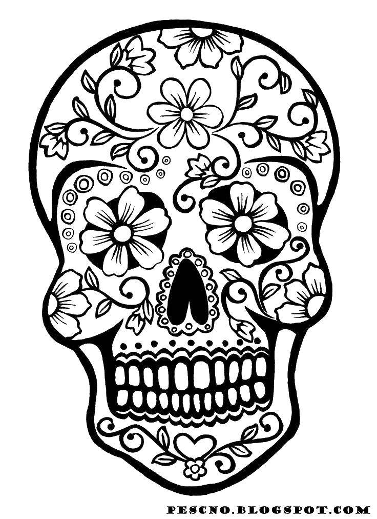 Название: Раскраска Веселый череп. Категория: Череп. Теги: череп, узоры, цветы.