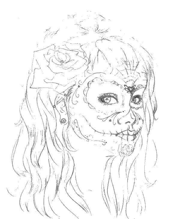 Розмальовки  Дівчина з розфарбованим обличчям. Завантажити розмальовку дівчина, день мертвих.  Роздрукувати ,свята,