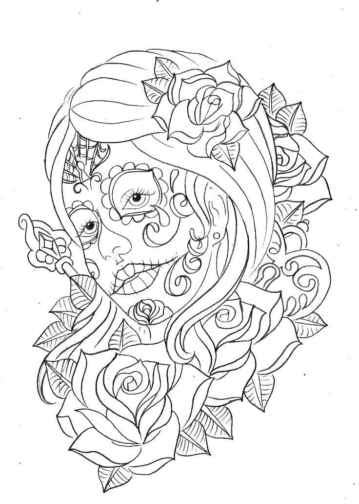 Название: Раскраска Девушка в розах. Категория: Череп. Теги: череп, девушка, розы.