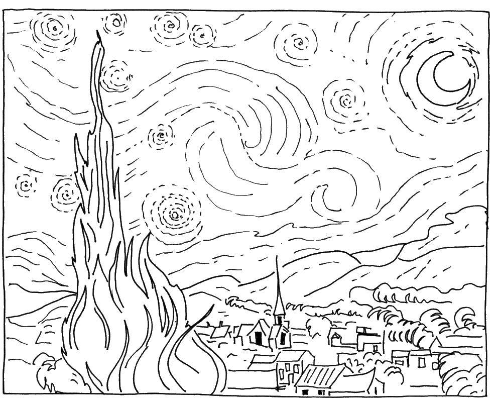 Название: Раскраска Картина звездная ночь. Категория: раскраски. Теги: звездная ночь, картина, Ван Гог.