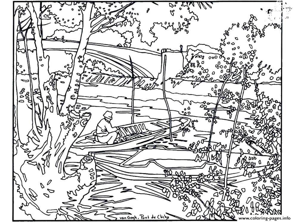 Название: Раскраска Мужчина в лодке. Категория: летний пейзаж. Теги: человек, озеро, лодка, деревья.
