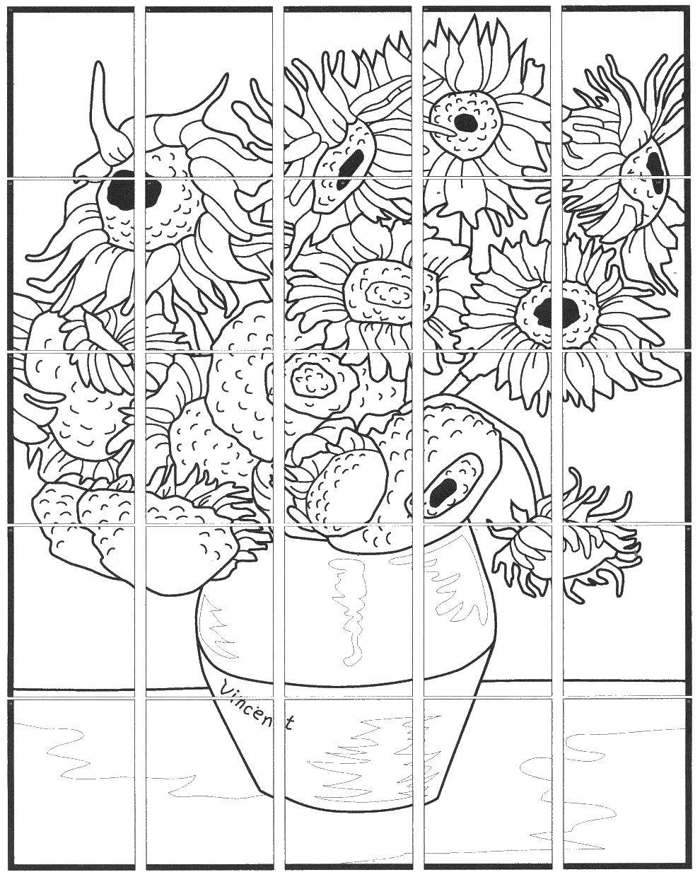 Coloring Sunflowers. Category coloring. Tags:  sunflowers, vase, van Gogh.