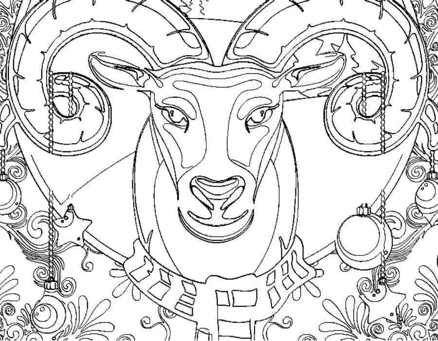 Название: Раскраска Рисунок новогодний овен. Категория: домашние животные. Теги: овен.