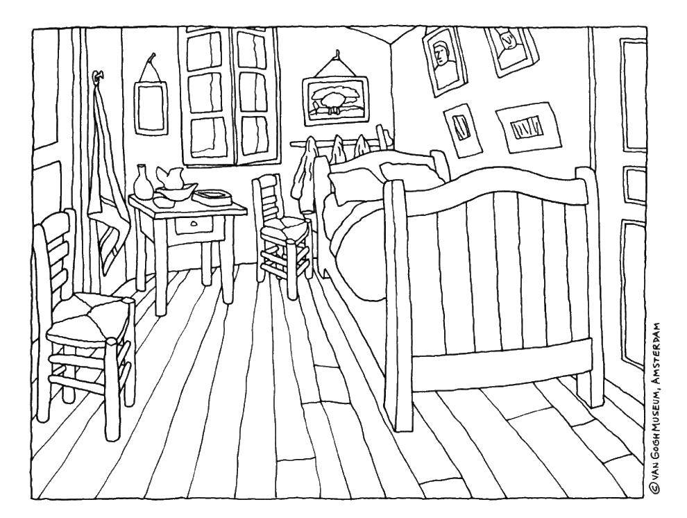 Название: Раскраска Спальня с кроватью. Категория: Спальная комната. Теги: комната, кровать, стул.