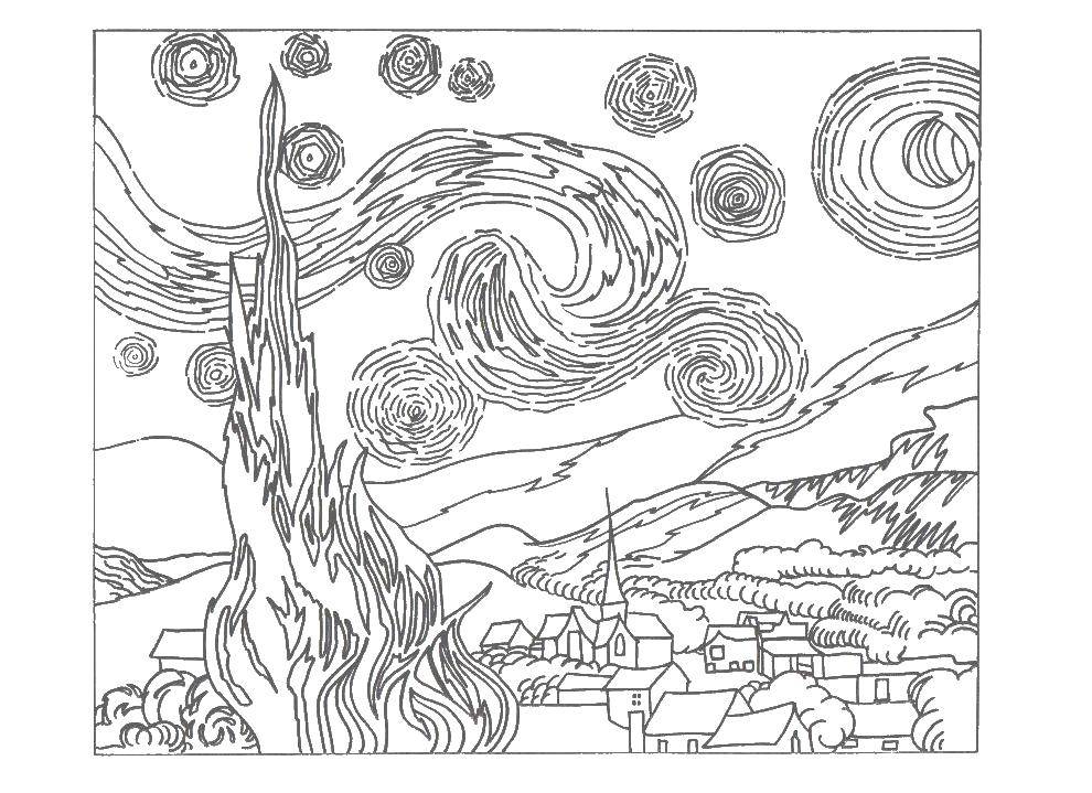 Coloring Starry night painting. Category coloring. Tags:  starry night painting van Gogh.