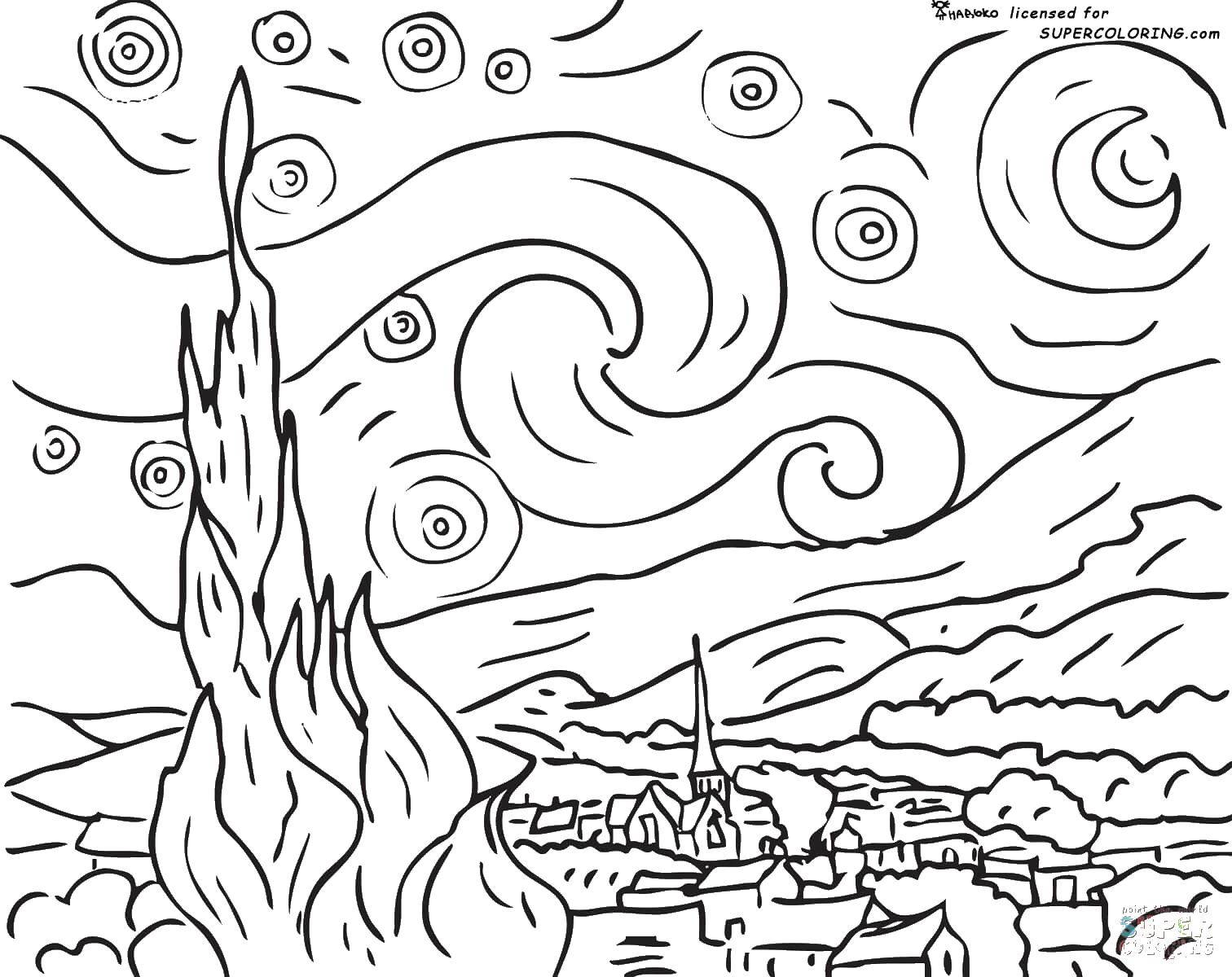 Coloring Starry night. Category coloring. Tags:  starry night painting van Gogh.