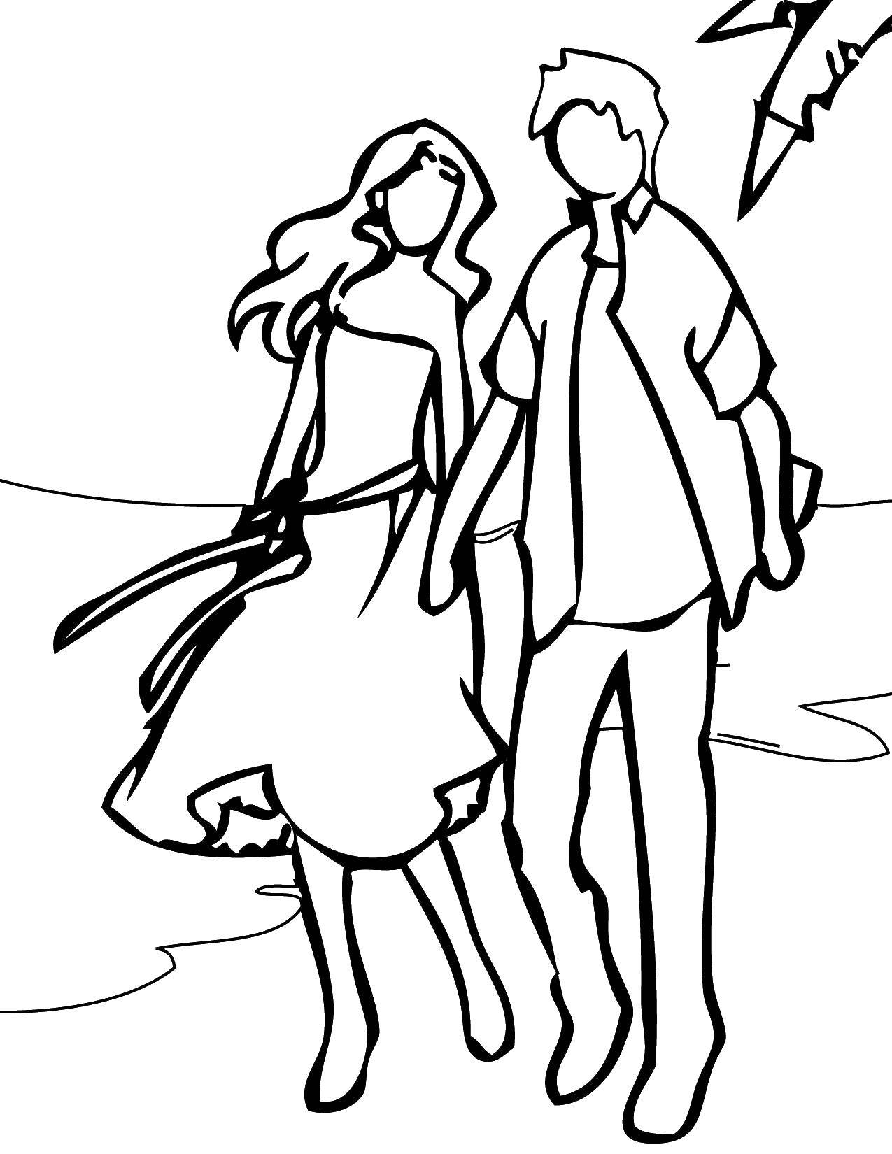 Розмальовки  Хлопець з дівчиною гуляють по березі. Завантажити розмальовку пляж, хлопець, дівчина.  Роздрукувати ,Пляж,