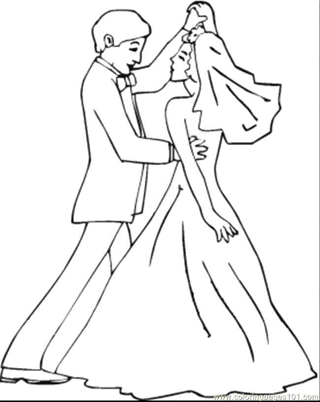 Розмальовки  Наречений і наречена танцюють. Завантажити розмальовку наречений, наречена, фата, плаття.  Роздрукувати ,Весілля,