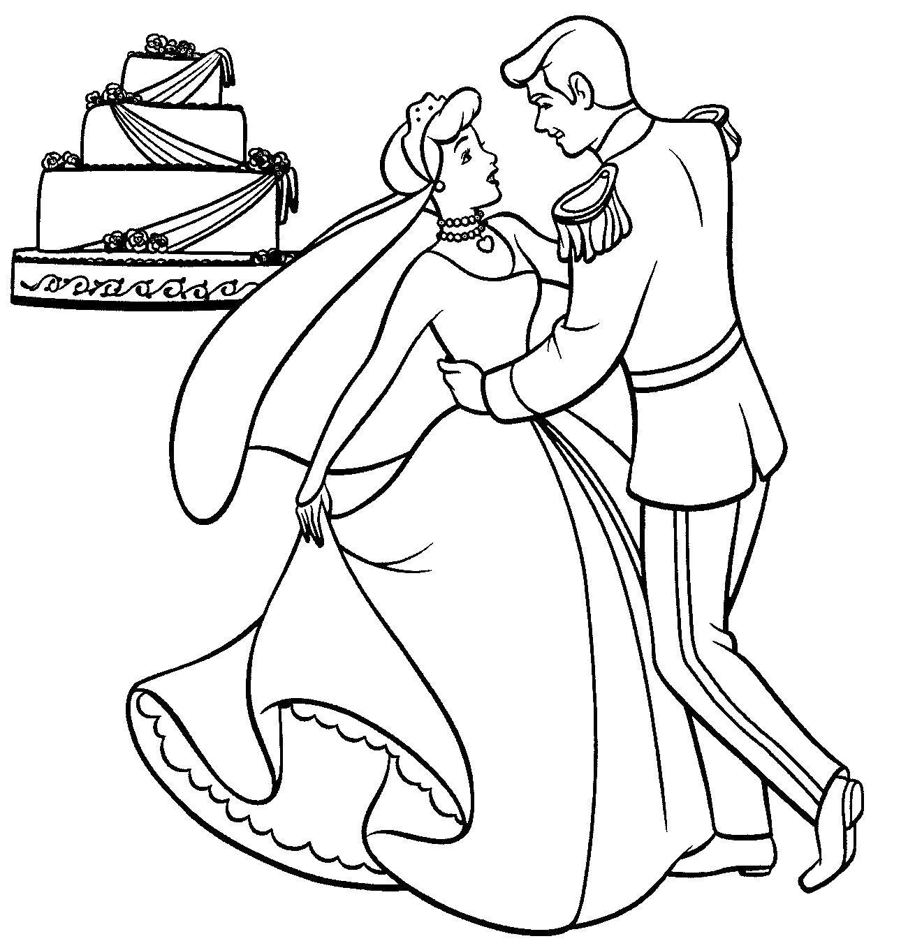 Название: Раскраска Невеста и принц. Категория: Свадьба. Теги: жених, невеста, торт.