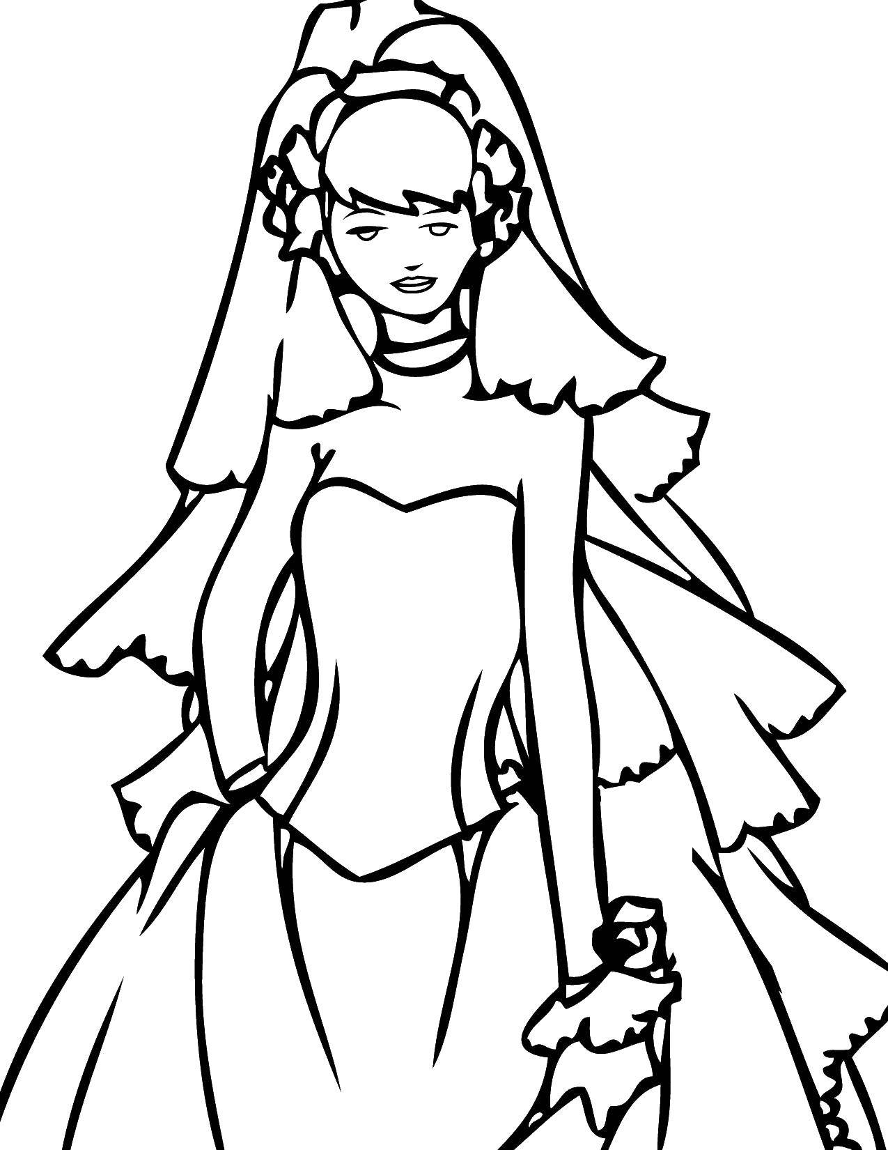Coloring Bride in dress. Category Wedding. Tags:  the bride, dress, veil, bouquet.