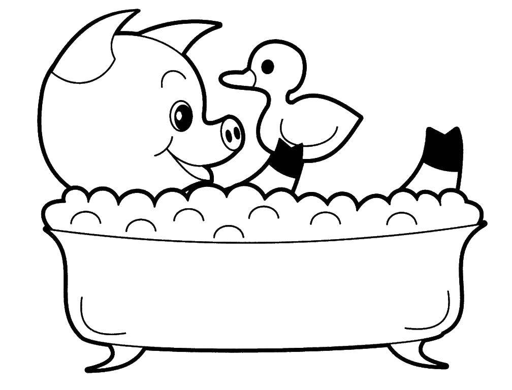 Coloring Pig in the bathroom. Category Bathroom. Tags:  pig, tub, duck.