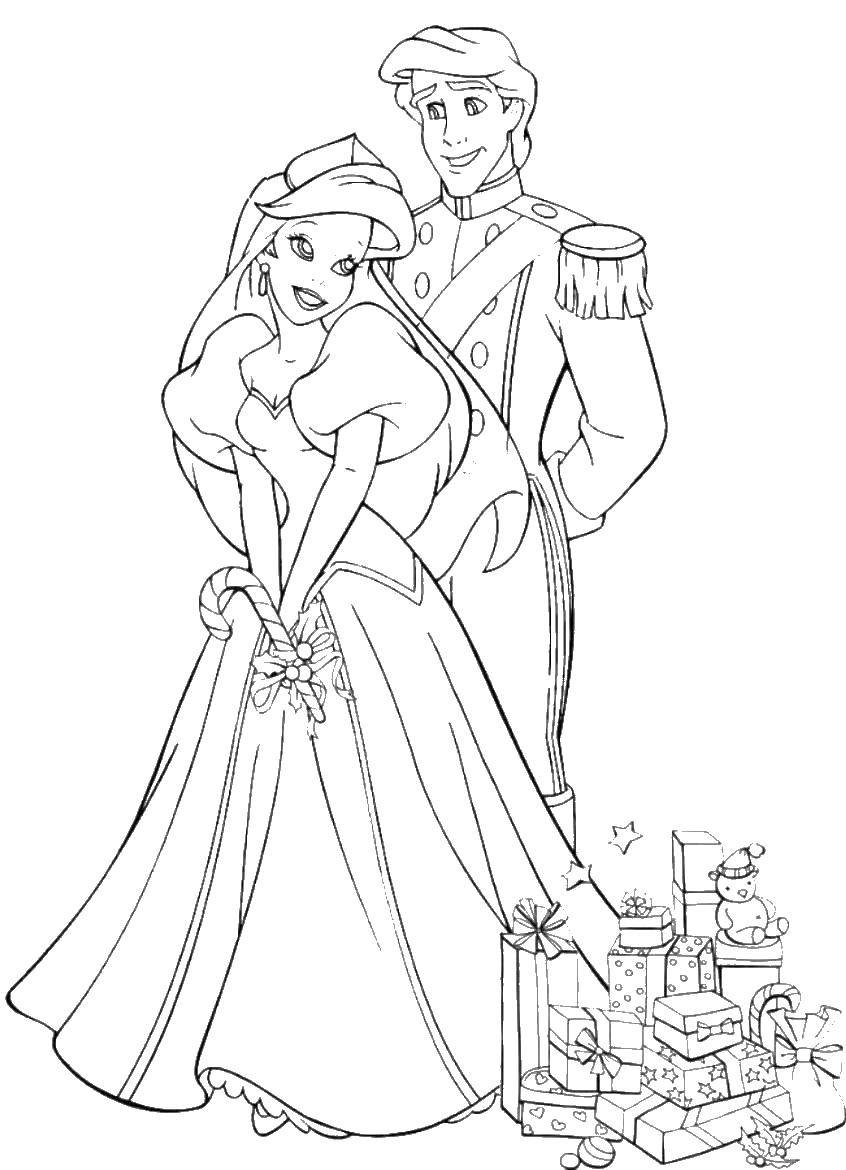 Название: Раскраска Принцесса ариэль с принцем эриком на новый год с подарками. Категория: русалочка ариэль. Теги: Ариэль, русалка, принц.