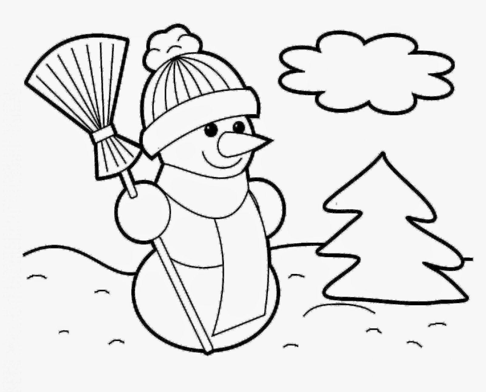 Coloring Snowman with broom. Category winter activities. Tags:  snowman, broom, hat, tree.