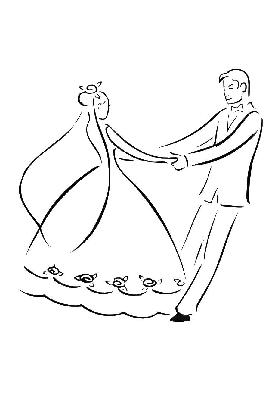 Coloring Dance of the bride and groom. Category Wedding. Tags:  the groom, bride, veil, dress.