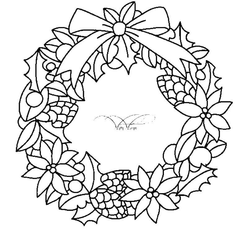 Coloring Christmas wreath. Category frames. Tags:  wreath, Christmas, flowers, bowknot.