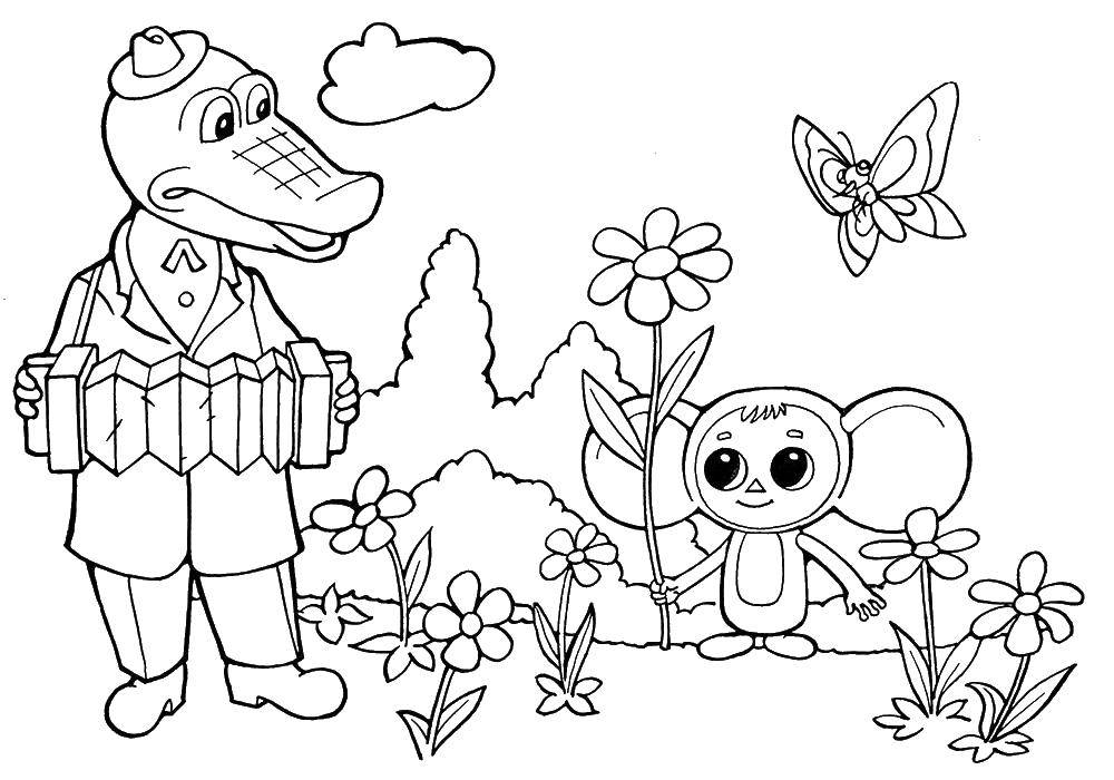 Coloring Cheburashka, crocodile Gena and flowers. Category crocodile. Tags:  Crocodile Gena, Cheburashka, cartoons.
