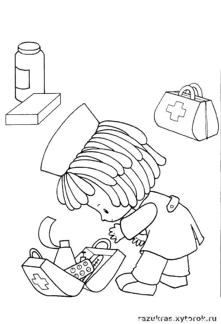 Coloring Girl doctor. Category fashion. Tags:  girl, doctor, first aid kit.