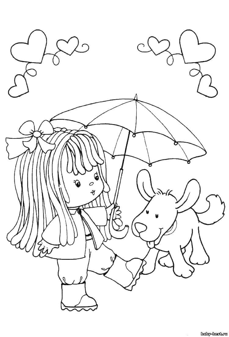 Название: Раскраска Девочка с собачкой. Категория: дети. Теги: девочка, зонтик, собака.