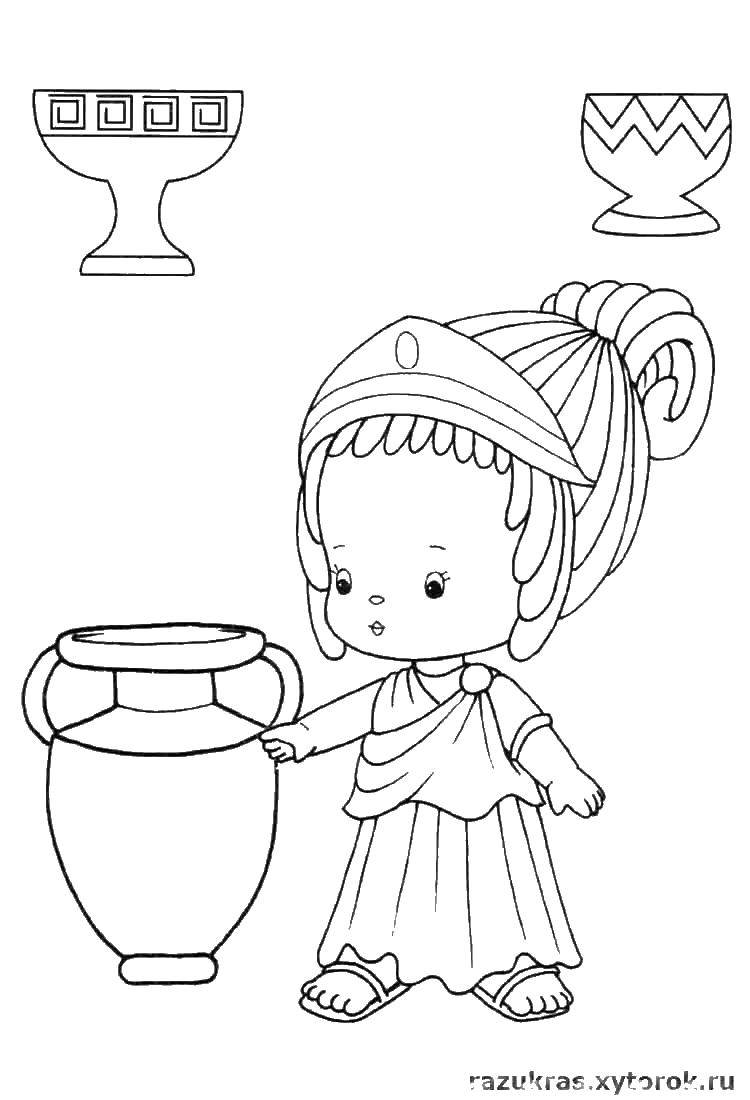 Название: Раскраска Девочка в греческом одеянии. Категория: мода. Теги: девочка, тога, вазы.