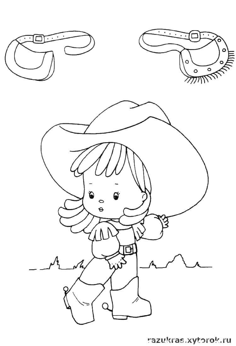 Название: Раскраска Девочка в костюме для ковбоя. Категория: мода. Теги: девушка, сапоги, шляпа.