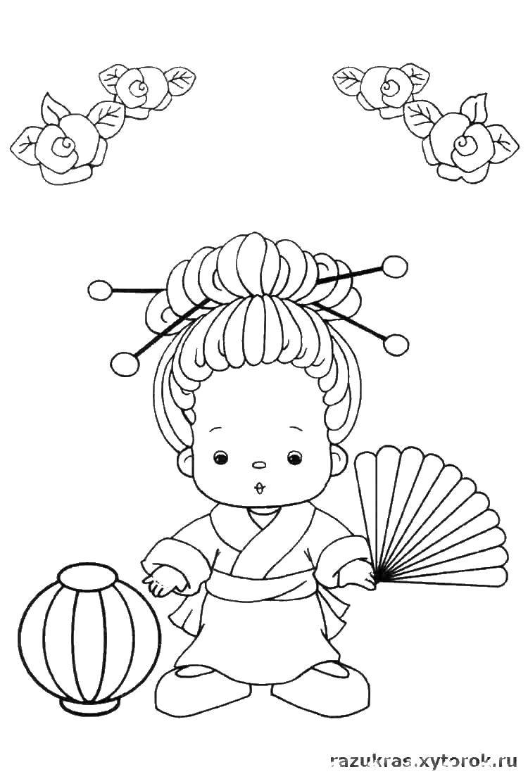Coloring A girl in Japanese gown. Category fashion. Tags:  girl, gown, fan.