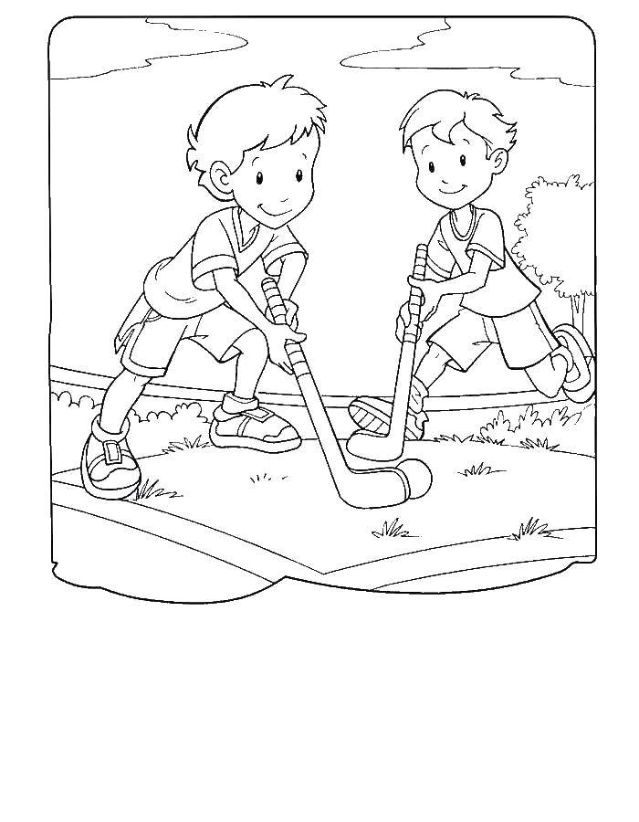 Название: Раскраска Мальчики играют с шайбой и клюшками. Категория: спорт. Теги: Дети, спорт, шайба, клюшки, природа.