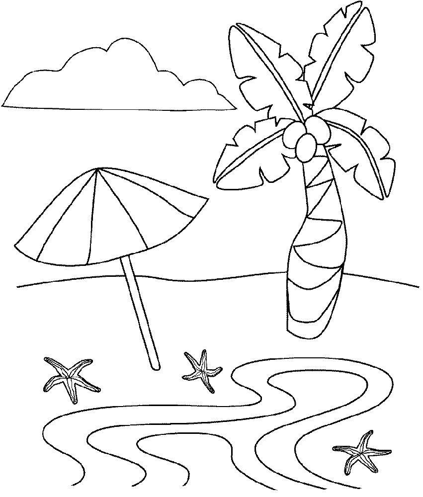 Название: Раскраска Пляж. Категория: Пляж. Теги: пляж, пальма, зонты.