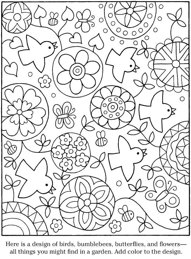 Coloring Pattern with birds and flowers. Category patterns. Tags:  Patterns, flower.