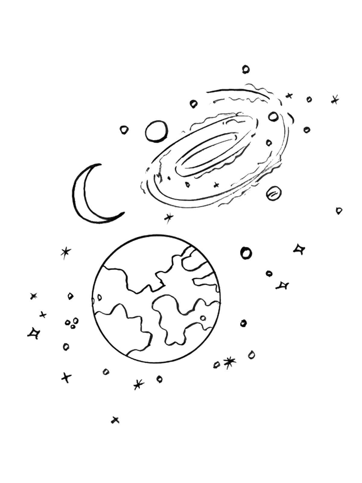 Розмальовки  Наша планета земля і місяць під вселеннной. Завантажити розмальовку Космок, планета, Всесвіт, Галактика, півмісяць, Місяць, зірки.  Роздрукувати ,космос,