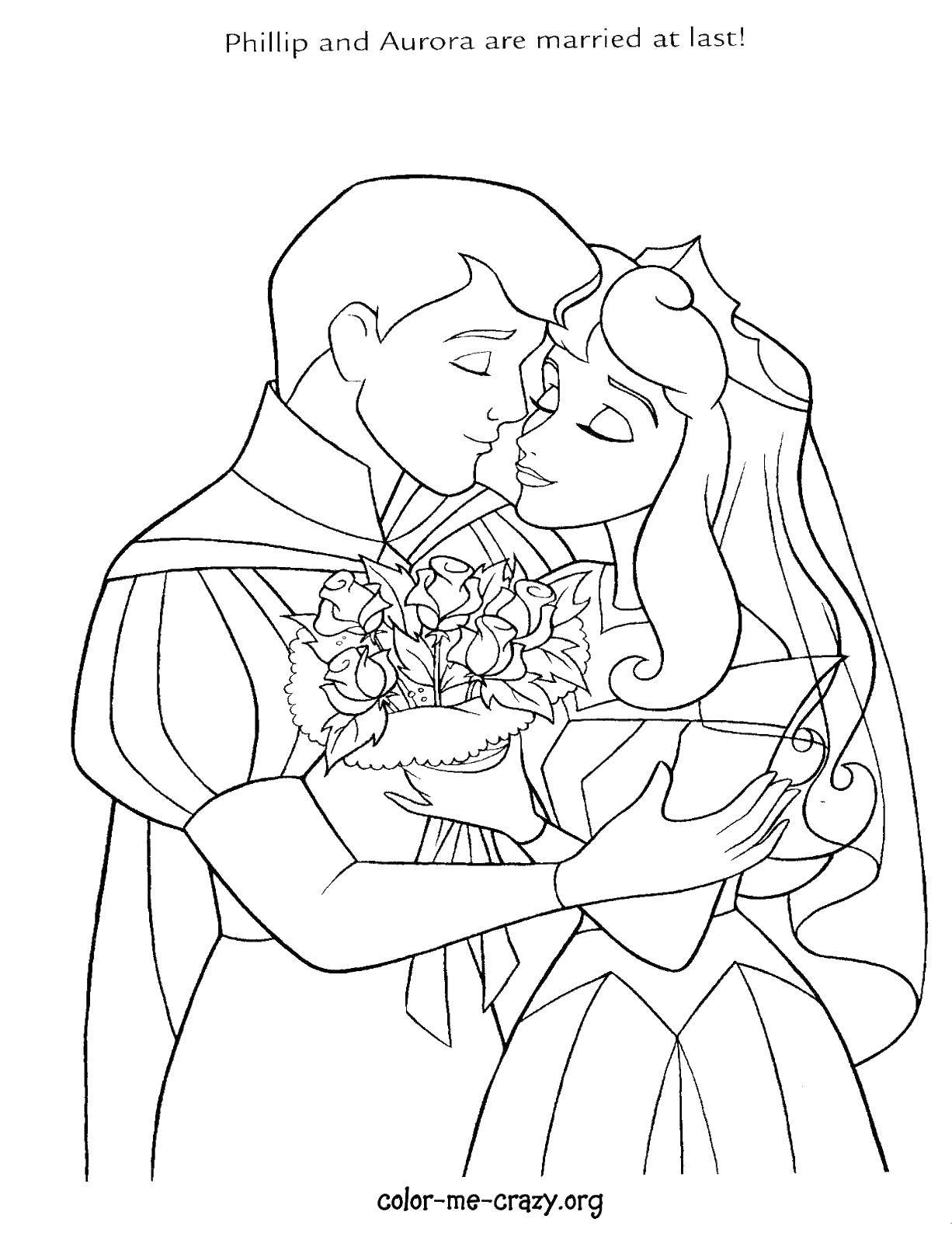 Название: Раскраска Филипп и аврора поженились. Категория: Свадьба. Теги: свадьба, принц, принцесса, Аврора.