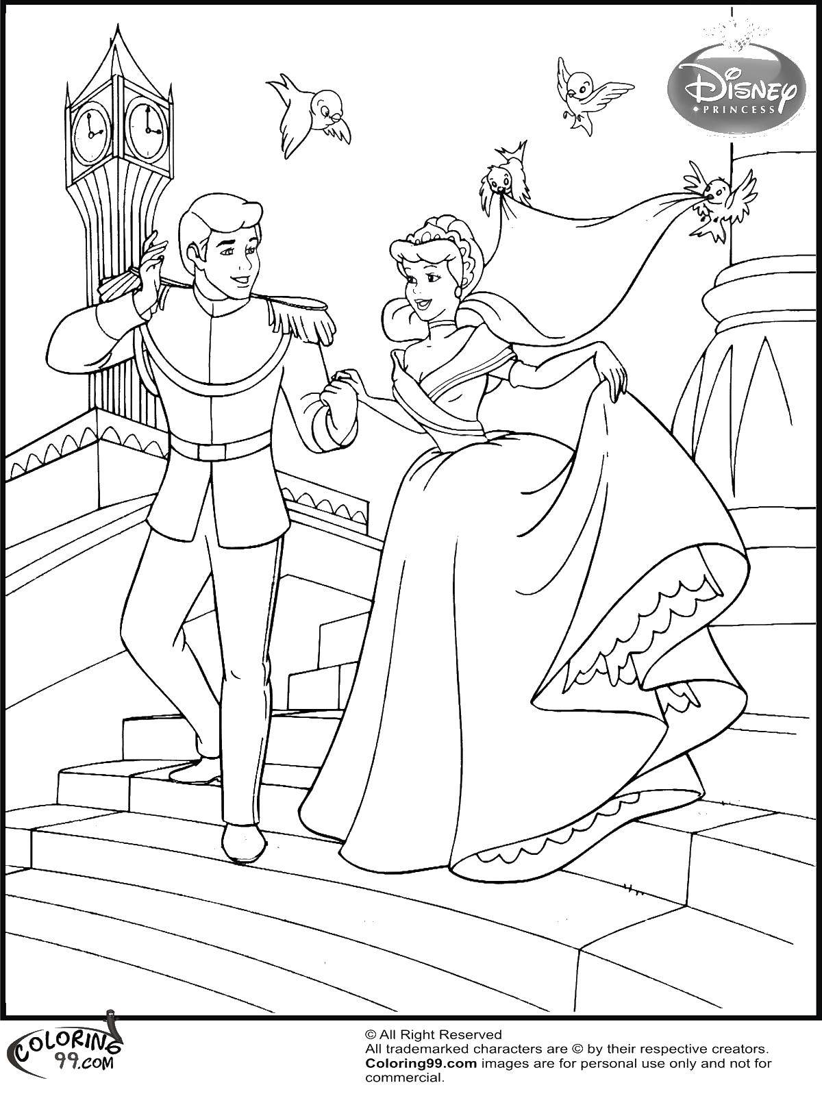 Coloring The Prince and Cinderella. Category Disney cartoons. Tags:  Cinderella, Prince, birds.