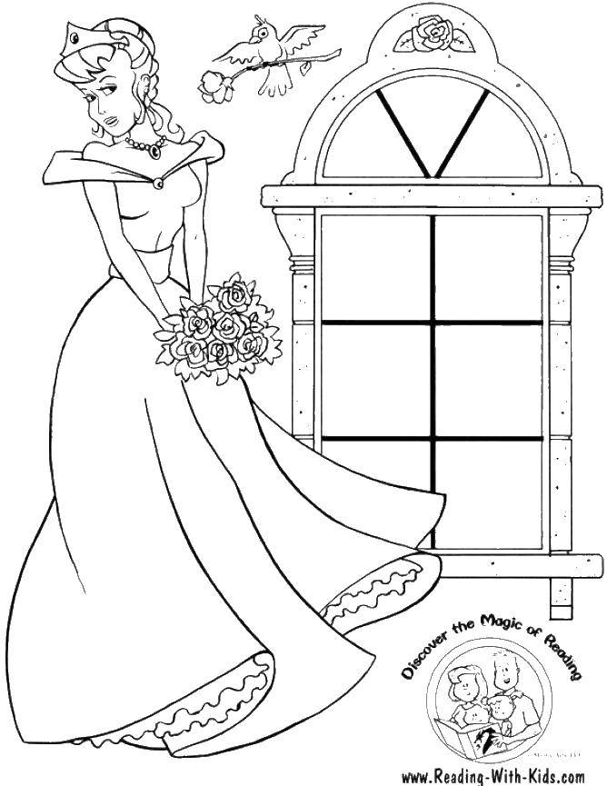 Название: Раскраска Принцесса возле окна. Категория: Свадьба. Теги: принцесса, букет, окно, птица.