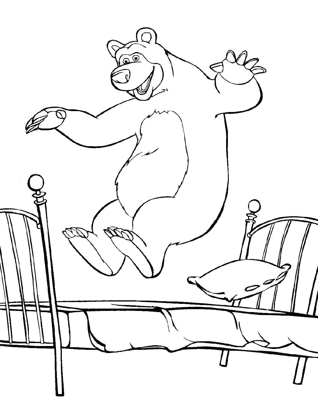 Розмальовки  Ведмідь стрибає на ліжку. Завантажити розмальовку ліжко, ведмідь, казка.  Роздрукувати ,Ліжко,