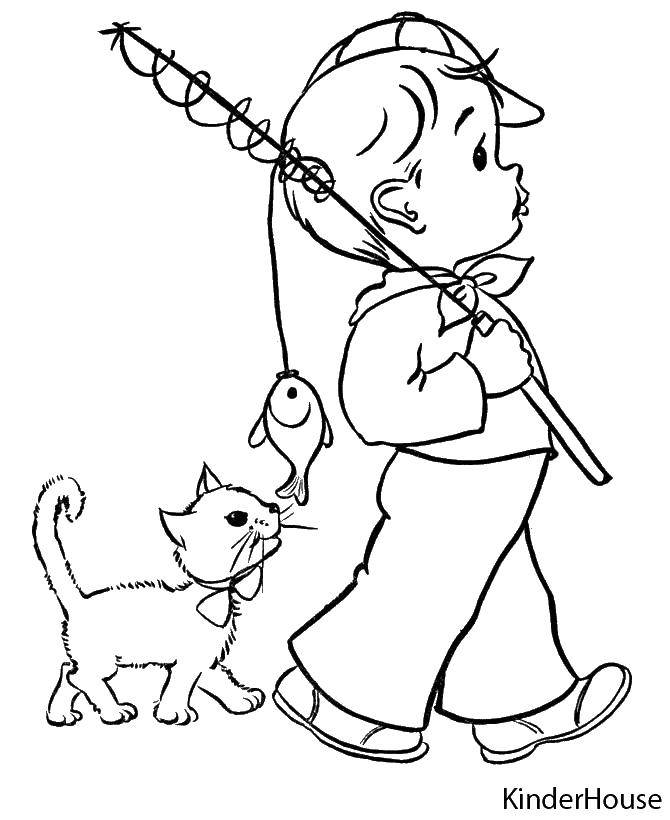 Coloring The cat and boy with a fish. Category children. Tags:  children, boy, kitty. fish.