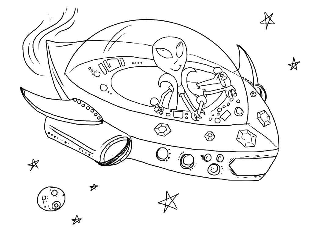 Название: Раскраска Космический корабль и инопланетянин. Категория: космические корабли. Теги: космический корабль, космос, звезды, инопланетянин.