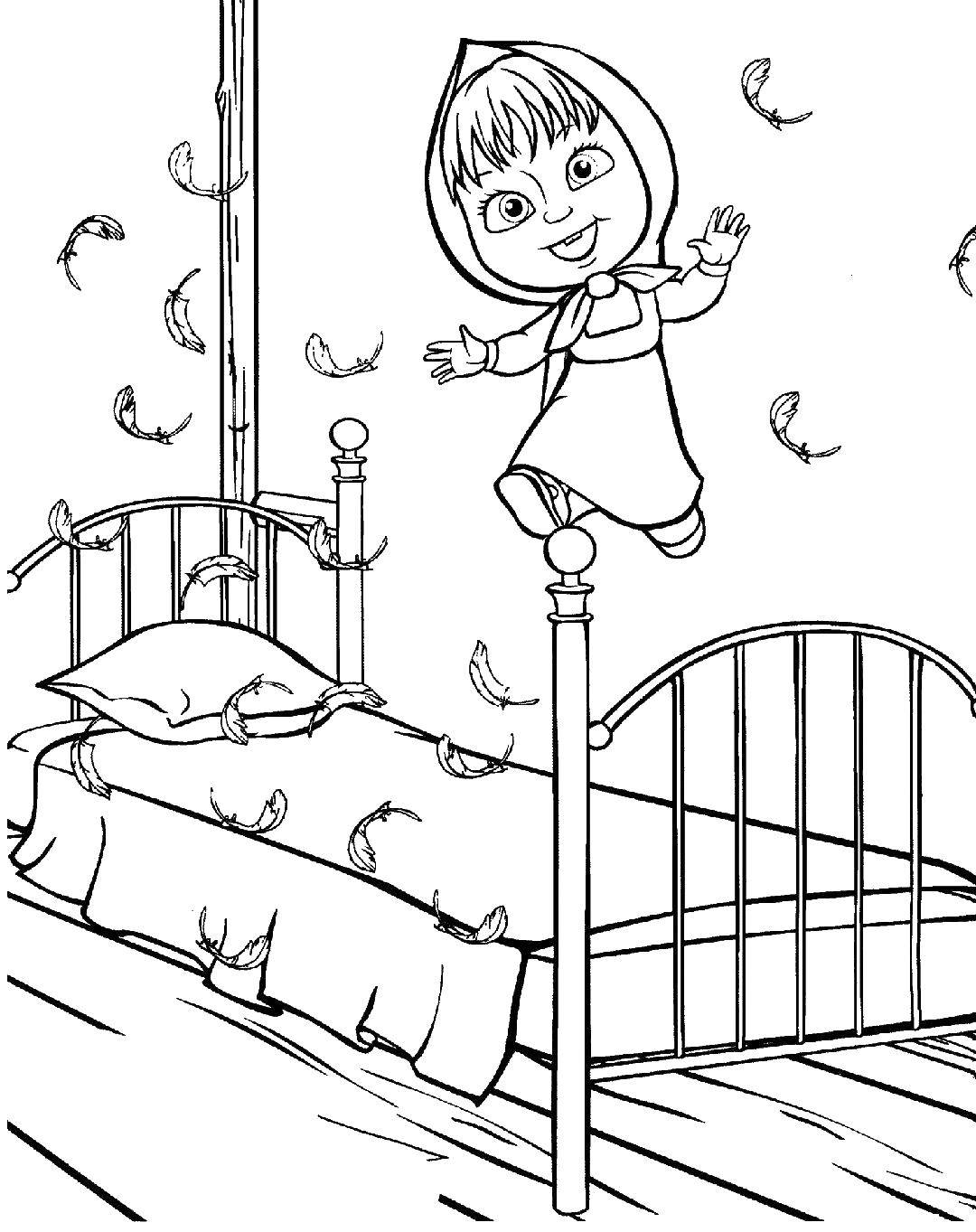 Название: Раскраска Маша прыгает на кровати. Категория: Кровать. Теги: кровать, Маша, сказка.