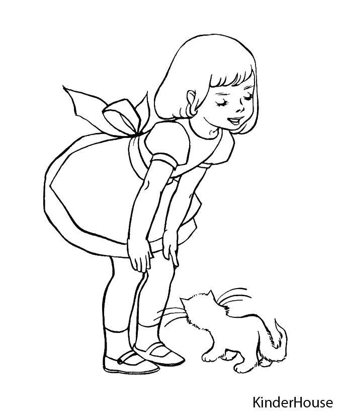 Название: Раскраска Девочка играет с кошечкой. Категория: домашние животные. Теги: животные, кошка, котенок, девочка.