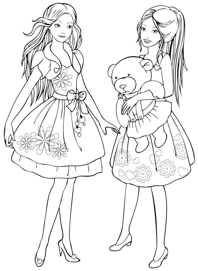Название: Раскраска Две девочки и мишка. Категория: для девочек. Теги: девочки, мишка, платья.