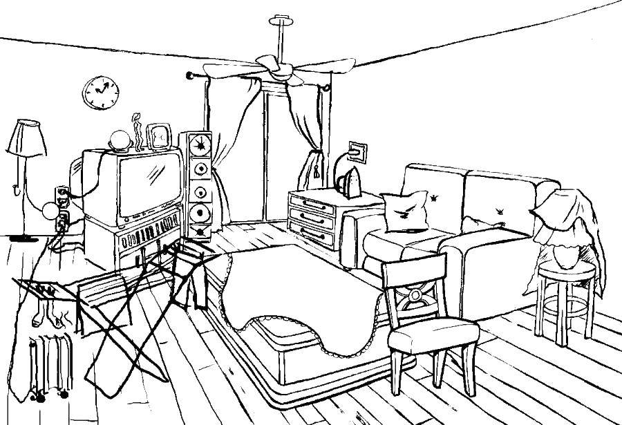 Название: Раскраска Комната с диваном и телевизором. Категория: Спальная комната. Теги: диван, телевизор, стол.
