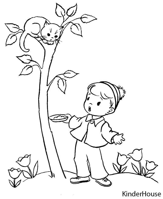 Coloring The boy and the cat on the tree. Category children. Tags:  the children, kitty, tree.