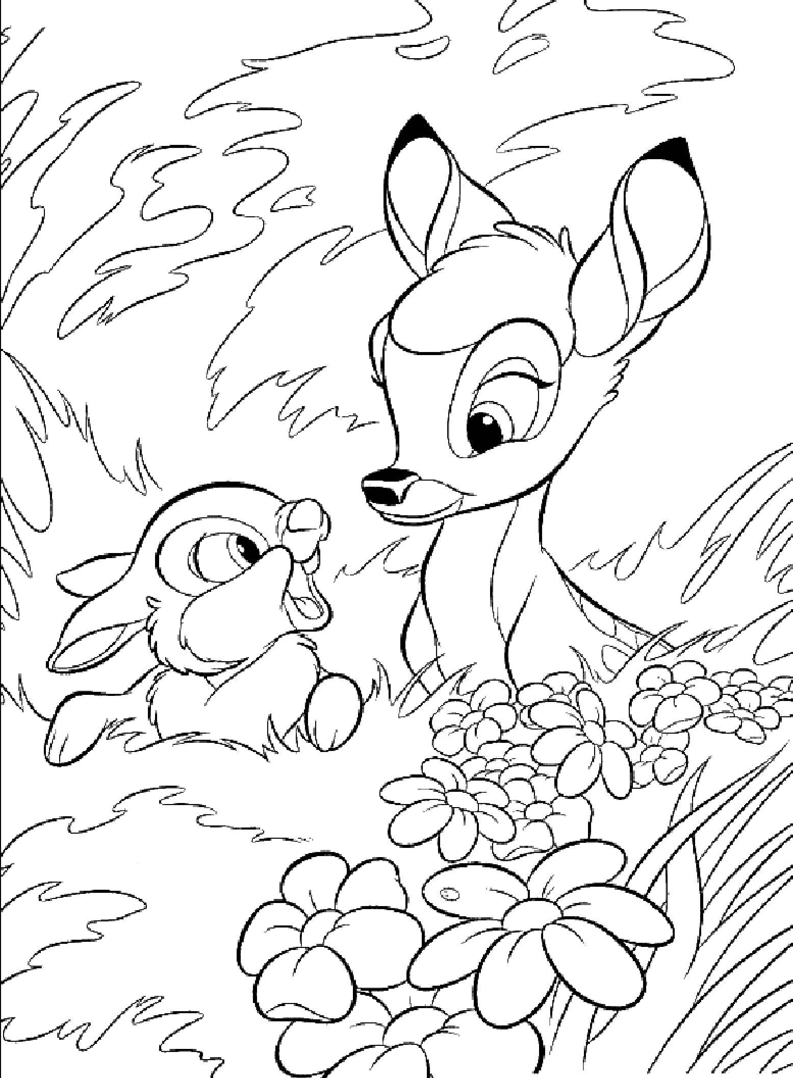 Название: Раскраска Олененок и зайка. Категория: Диснеевские мультфильмы. Теги: олененок, зайка, цветы.
