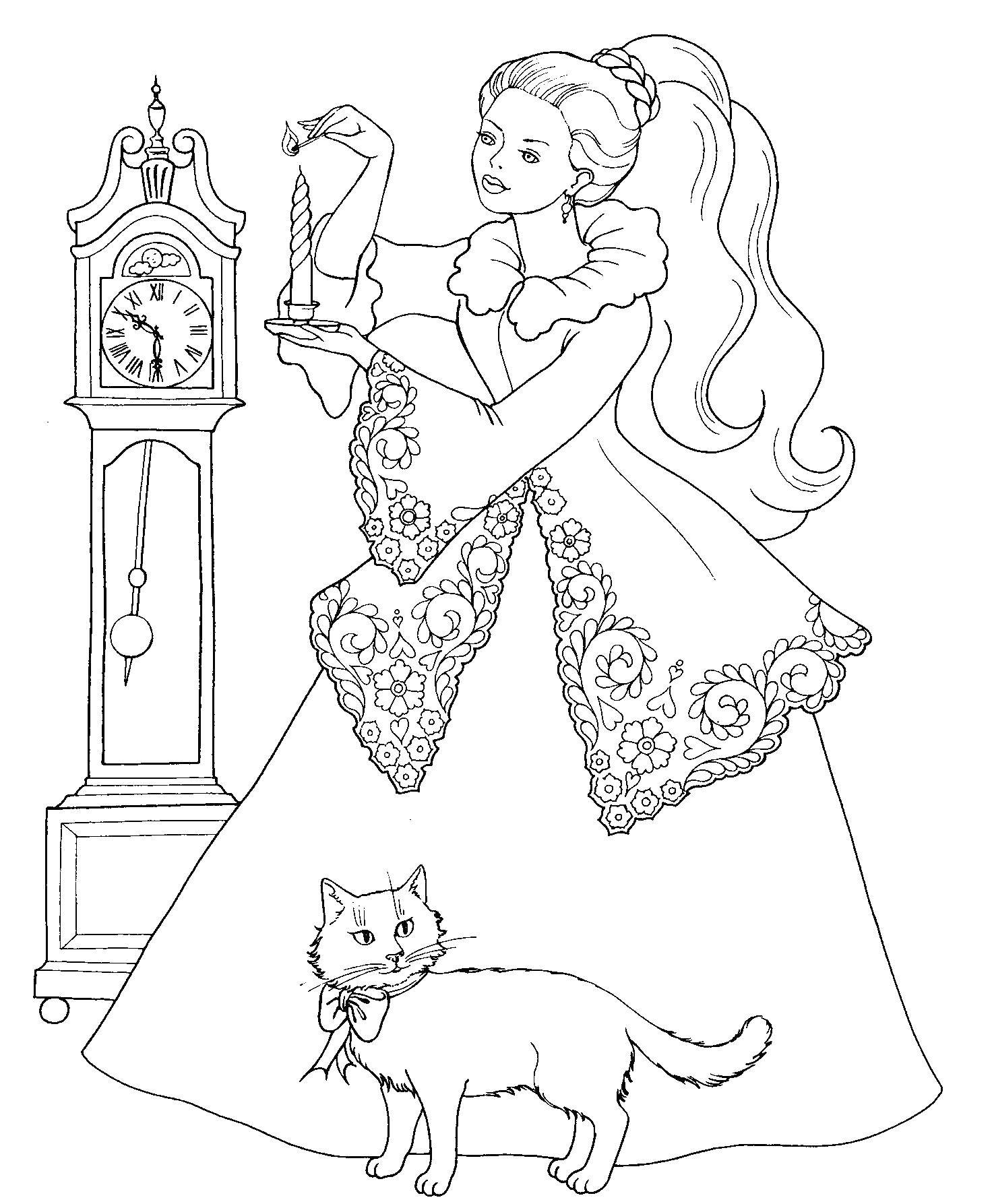 Coloring The Princess and the candle. Category cartoons. Tags:  Princess , candle, cat, clock.